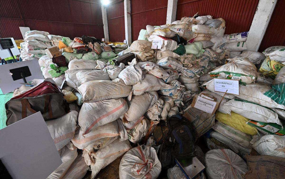 A file photo of around 35,000 kg seized ganja stored at the Jawaharlal Nehru Pharmacity of Parawada in Anakapalli district.