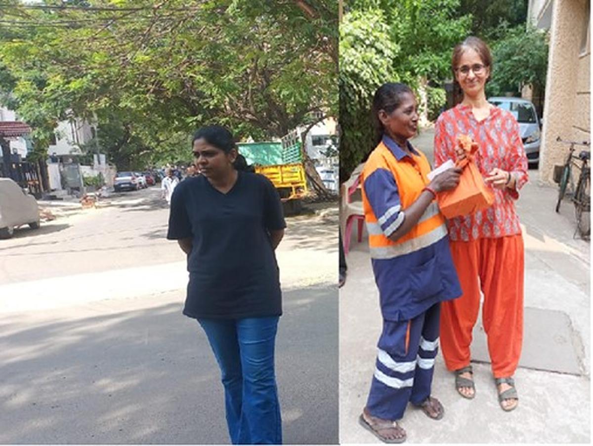 Nithya e Ganga Sankar con un operatore di tutela