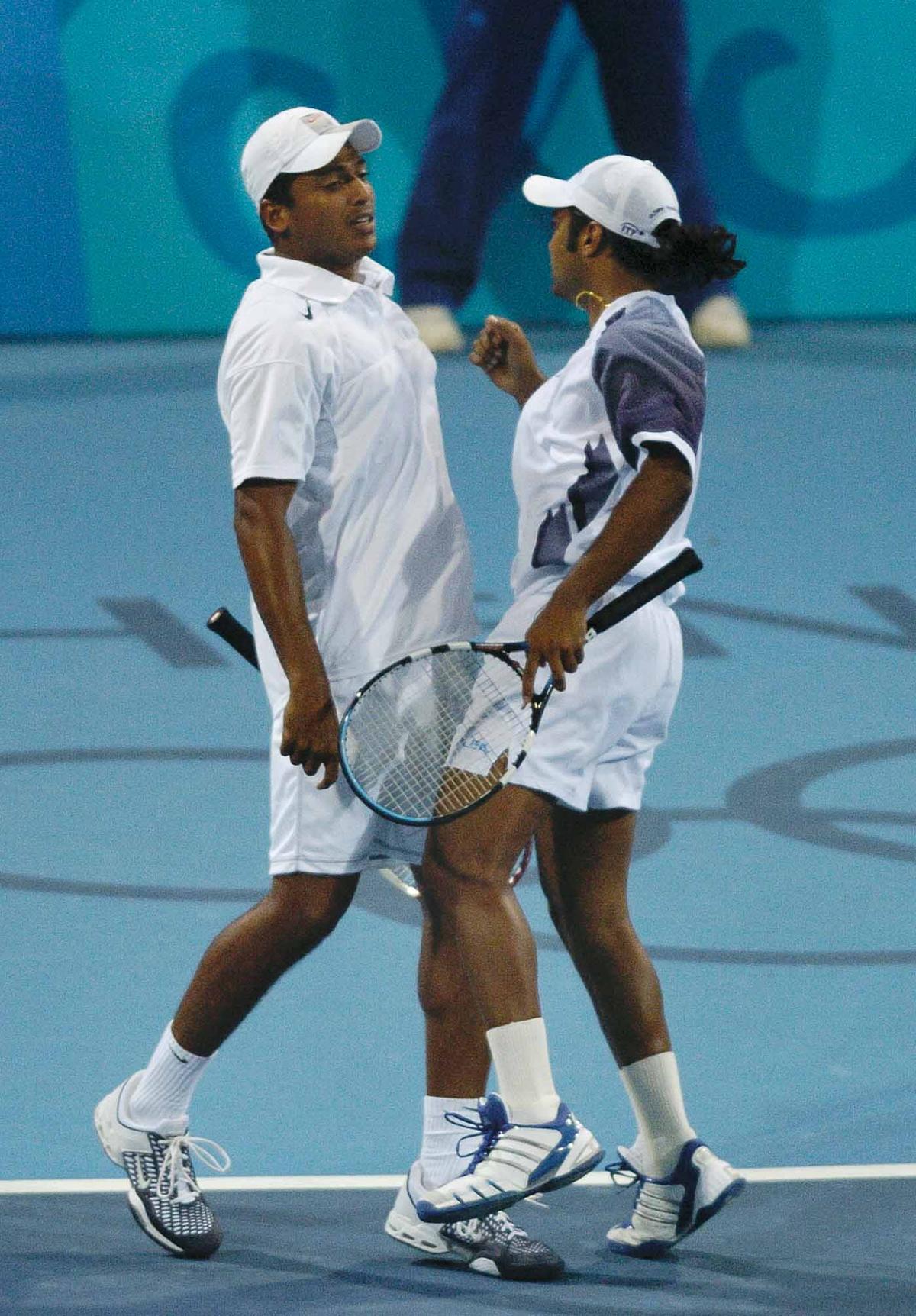 Mahesh Bhupathi and Leander Paes during the men’s doubles bronze medal tennis match against Mario Ancic and Ivan Ljubicic  in the Olympic Games 2004 in Athens on August 20, 2004. 