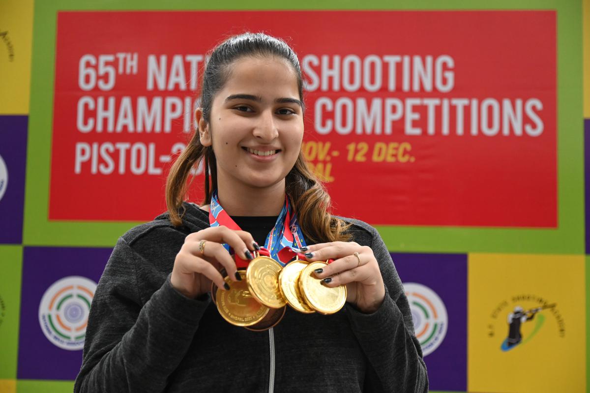 Rhythm Sangwan won four gold and two bronze medals in the 65th National shooting championship in Bhopal on Monday, December 12, 2022.