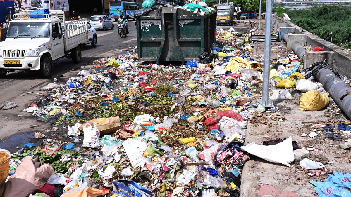 Overflowing of garbage from bin on Vaigai North Bank Road gives tough time to residents