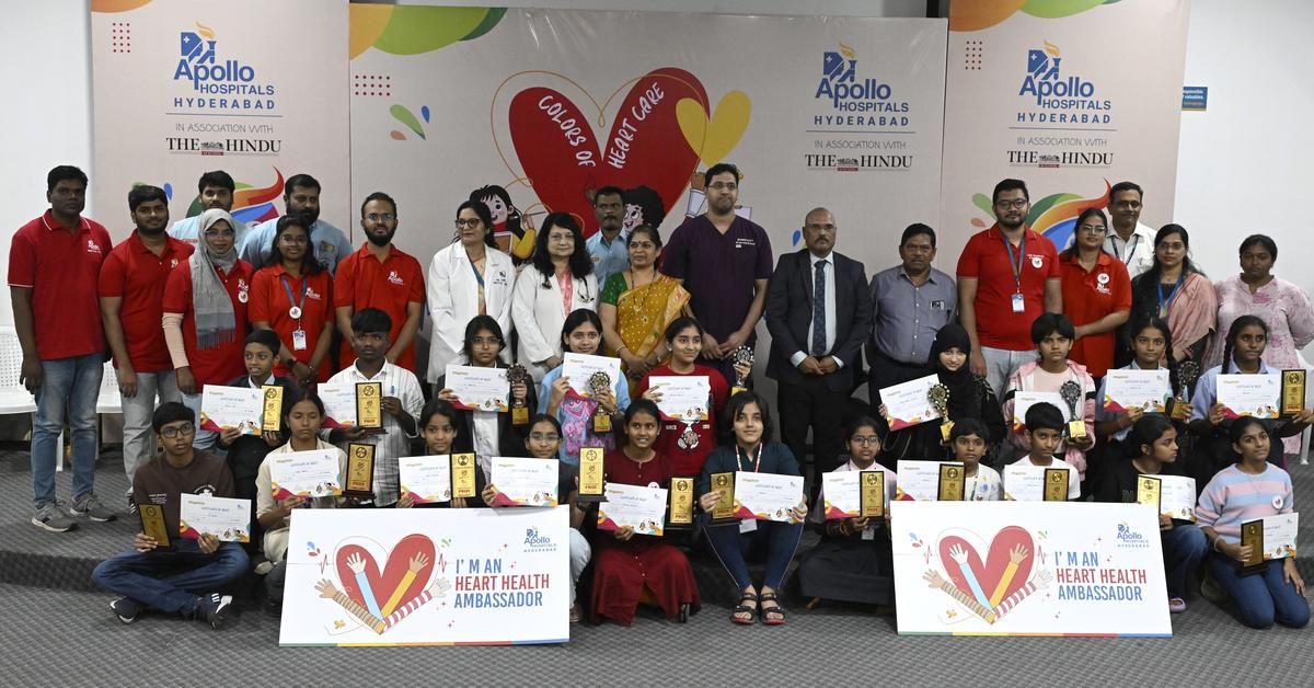 Winners of the painting competition organised by Apollo Hospitals, in collaboration with The Hindu in School at the Apollo Institute of Medical Sciences and Research on the occasion of World Heart Day, in Hyderabad on Monday.