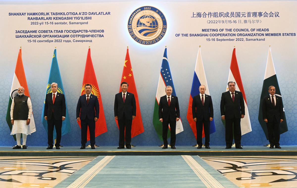 Prime Minister Narendra Modi, Kazakh President Kassym-Jomart Tokayev, Kyrgyz President Sadyr Japarov, Chinese President Xi Jinping, Uzbek President Shavkat Mirziyoyev, Russian President Vladimir Putin, Tajik President Emomali Rakhmon and Pakistan Prime Minister Shehbaz Sharif pose for a family photo before a meeting of the council of heads of the Shanghai Cooperation Organisation member states at a summit in Samarkand, Uzbekistan on September 16, 2022. 