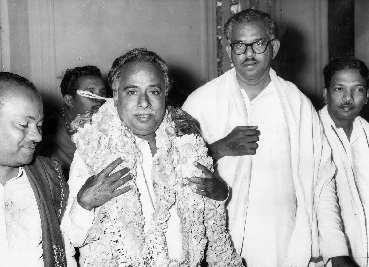 Picture taken when Mr. C.N. Annadurai was elected leader of the Legislature Party of Dravida Munnetra Kazhagam in Madras on March 1, 1967.