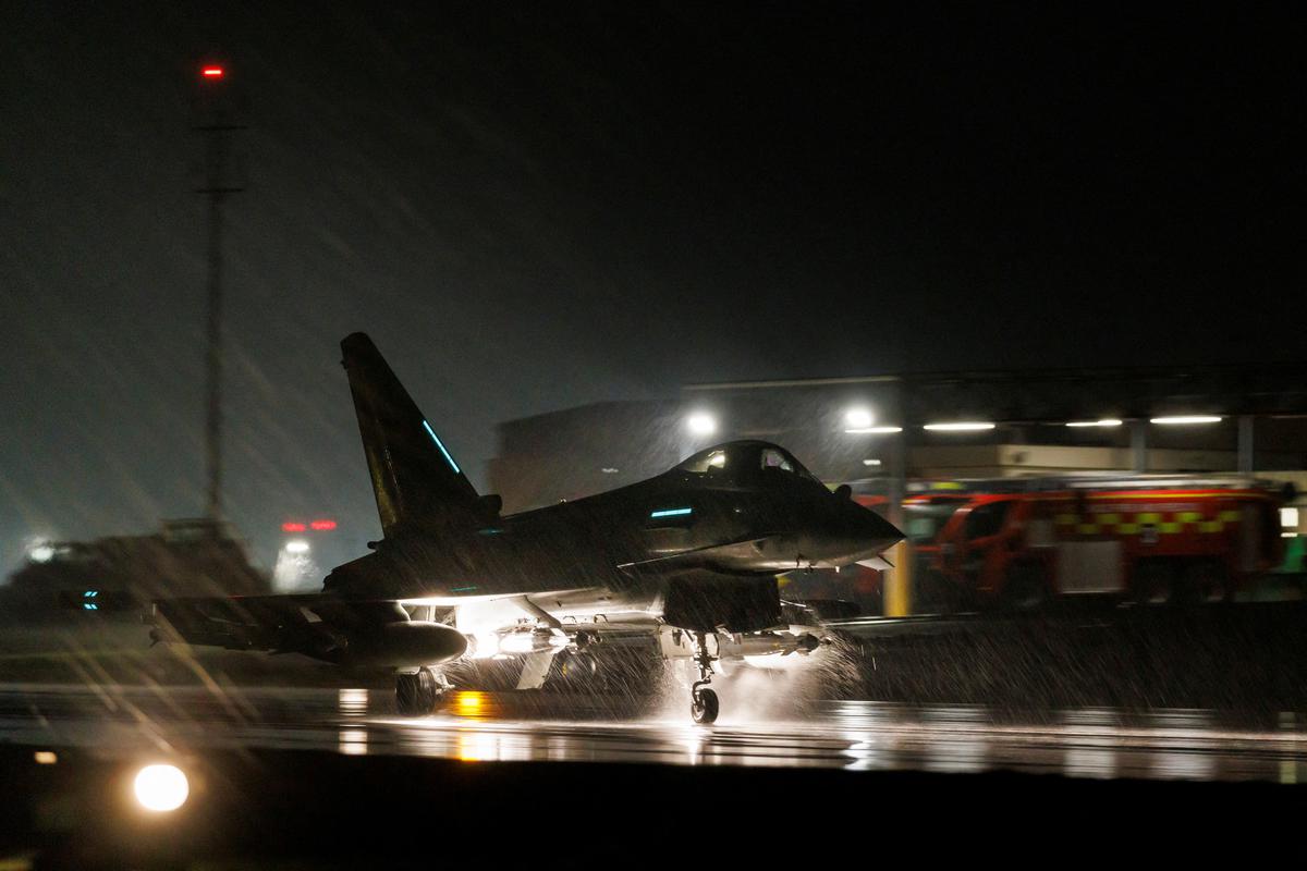 Royal Air Force Typhoon FGR4 takes off. Royal Air Force Typhoon aircraft have conducted precision strike operations against Houthi military targets in response to further attacks on shipping in the Red Sea, in this undated handout image. 