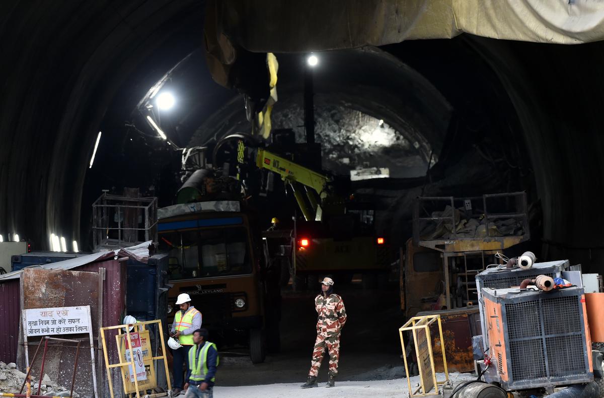 Machines inside the tunnel can be seen as a portion of the under construction tunnel has collapsed in the district of Uttarkashi on November 18, 2023.