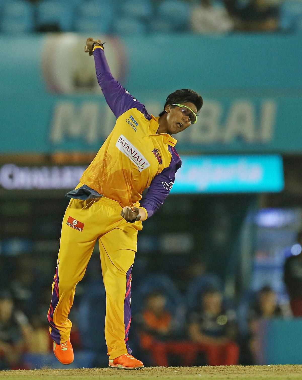 UP Warriorz’s Deepti Sharma in action against Royal Challengers Bangalore Women in the Women’s Premier League, at the Brabourne Stadium, in Mumbai on March 10, 2023.