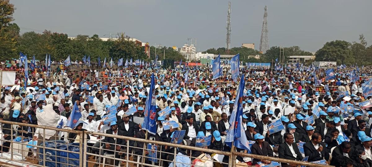 A huge crowd gathered at Rayalseema Garjana in Kurnool on Monday. 