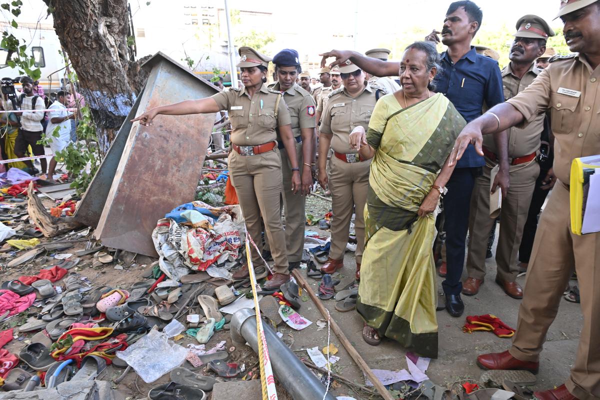 Justice Aruna Jagatheesan, the one-woman inquiry commission formed to investigate the stampede, visits Velusamypuram in Karur, the site of the incident.   