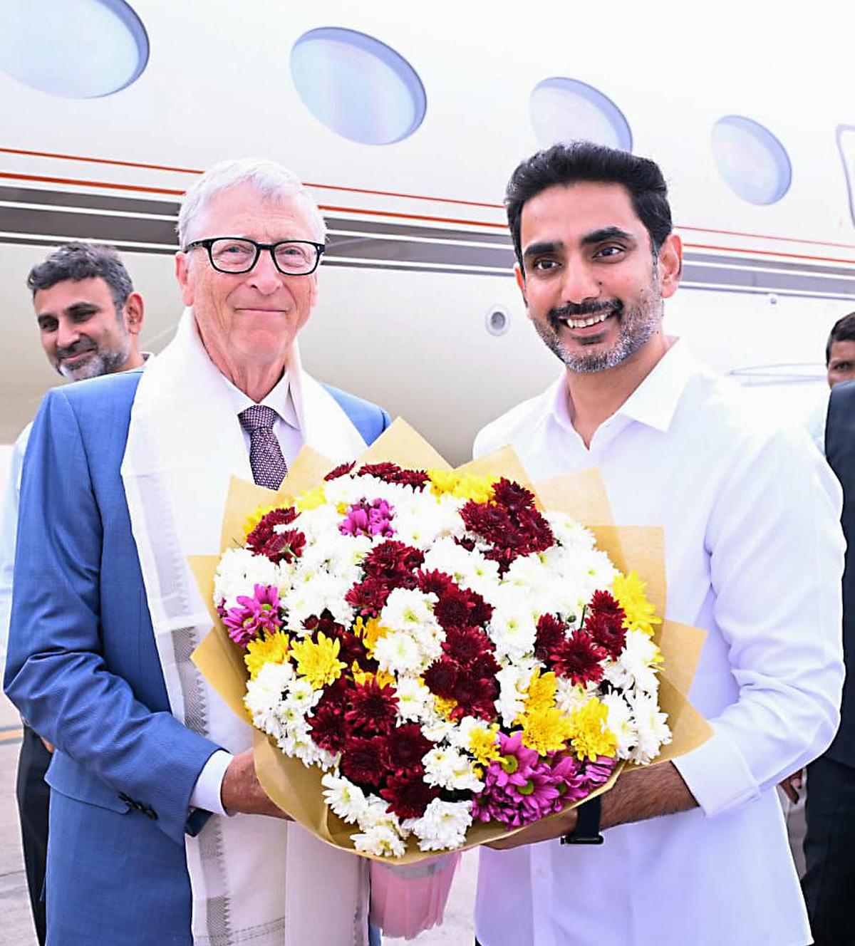 Chair of the Gates Foundation and former Microsoft CEO Bill Gates receives a warm welcome from Andhra Pradesh Minister for Education and IT Nara Lokesh  