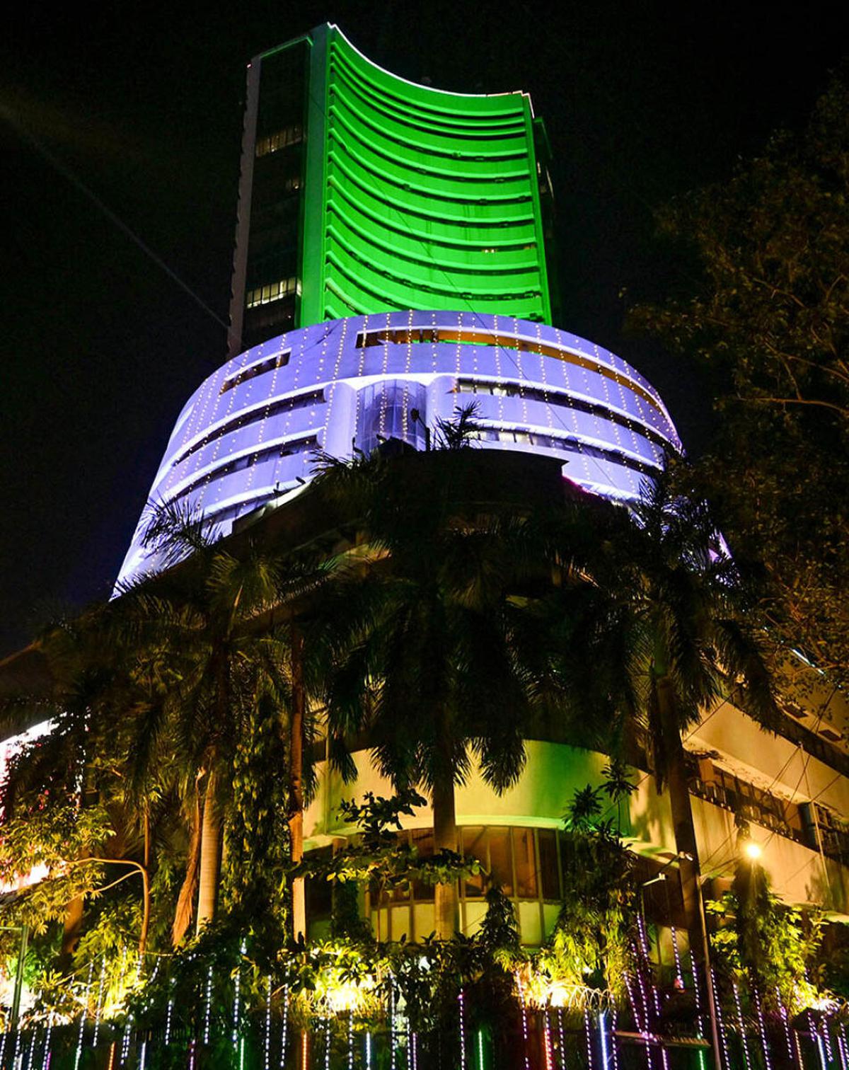 Bombay Stock Exchange (BSE) is illuminated with colourful lights during the Muhurat Trading Bell ceremony on the occasion of the ‘Diwali’ festival, in Mumbai