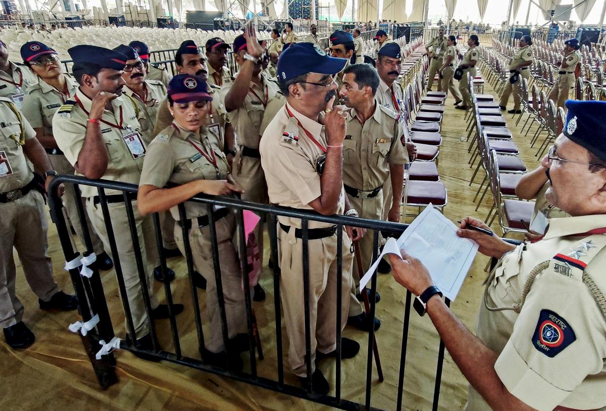Police deployed at the site ahead of Prime Minister Narendra Modi’s speech during the inauguration of Navi Mumbai International Airport (NMIA), scheduled for October 8, 2025, in Navi Mumbai, Maharashtra. Police deployed at the site ahead of Prime Minister Narendra Modi’s speech during the inauguration of Navi Mumbai International Airport (NMIA), scheduled for October 8, 2025, in Navi Mumbai, Maharashtra.