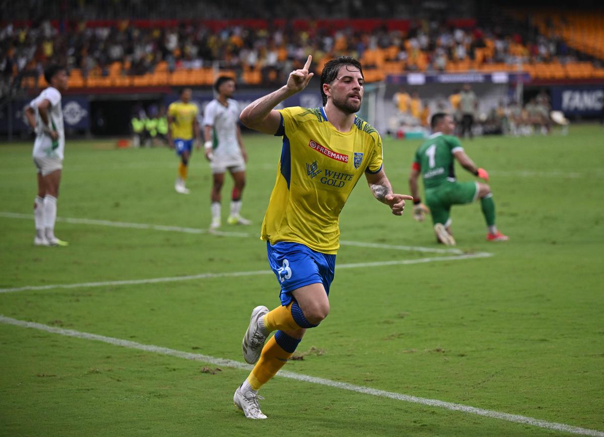 Kerala Blasters’ Francisco Feuillassier celebrates after scoring the first goal against Mohammedan Sporting Club during an ISL football match in Kochi on Sunday, May 10, 2026.