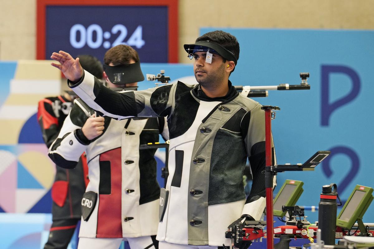 Arjun Babuta gestures after finishing fourth in the 10m air rifle men’s final at the 2024 Summer Olympics on July 29, 2024.