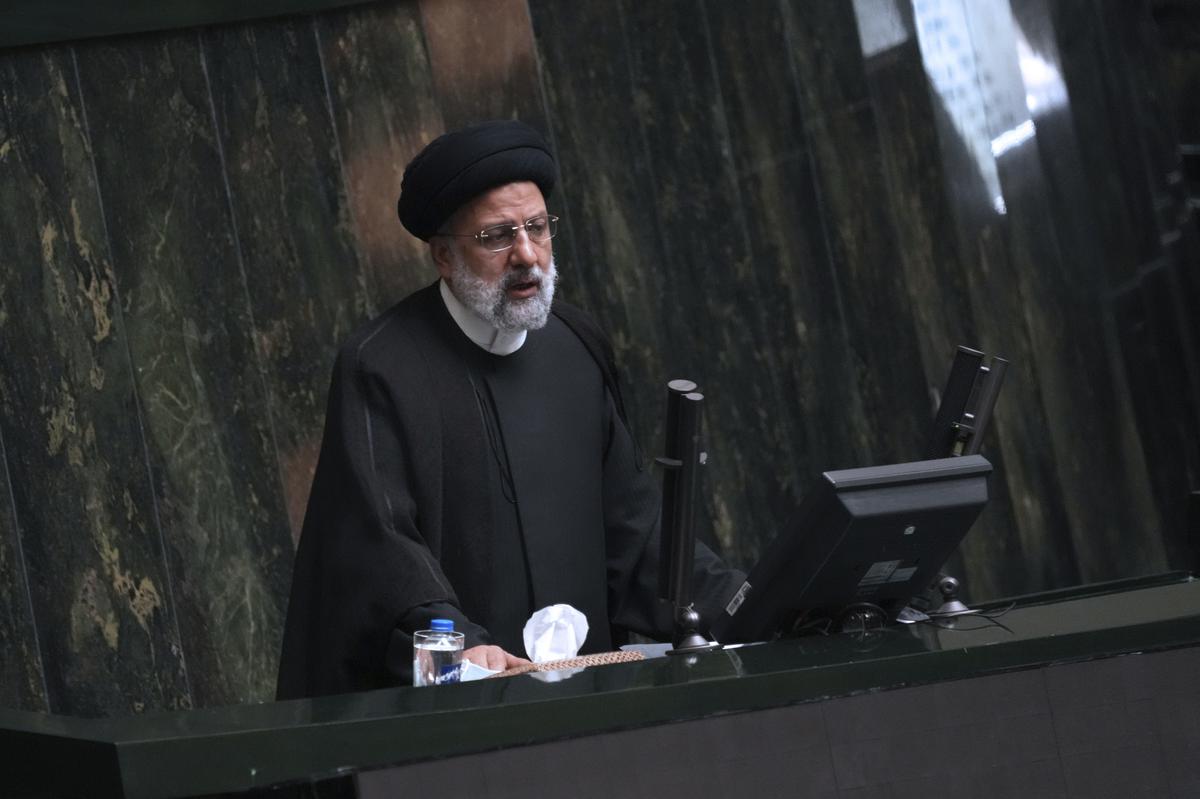 Iranian President Ebrahim Raisi speaks during an open session of parliament for impeachment of his Industries Minister Reza Fatemi Amin, in Tehran, Iran, on April 30, 2023.