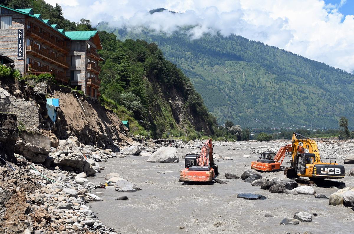 Restoration work is underway on the Chandigarh-Manali highway in Kullu on August 28, 2025. Restoration work is underway on the Chandigarh-Manali highway in Kullu on August 28, 2025.