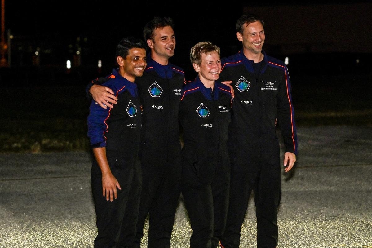 The Axiom-4 crew, Pilot Shubhanshu Shukla of India, Mission Specialist Tibor Kapu of Hungary, Commander Peggy Whitson of the U.S., and Mission Specialist Slawosz Uznanski-Wisniewski of Poland, react as they greet their family members before their mission to the International Space Station, in Cape Canaveral, Florida, U.S., June 24, 2025.