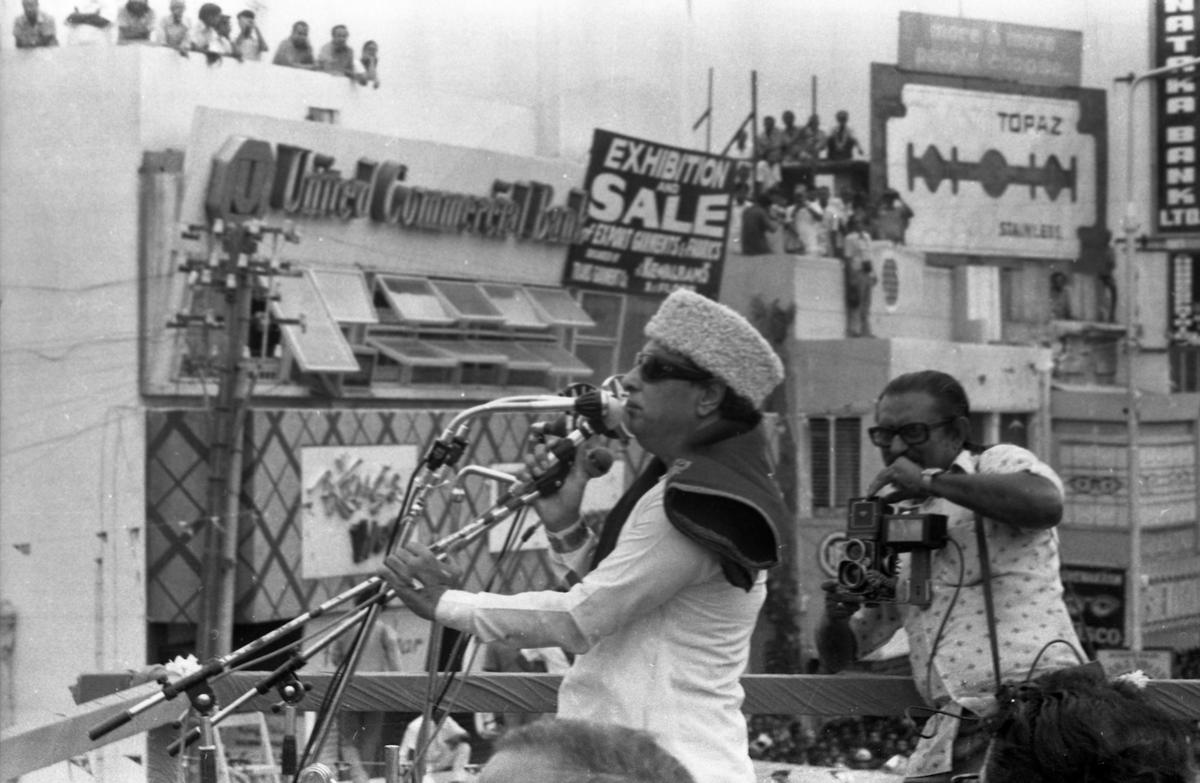 M.G. Ramachandran, then Chief Minister of Tamil Nadu, addressing a huge gathering at Anna Salai in Madras, after the swearing-in ceremony on June 30, 1977 M.G. Ramachandran, then Chief Minister of Tamil Nadu, addressing a huge gathering at Anna Salai in Madras, after the swearing-in ceremony on June 30, 1977