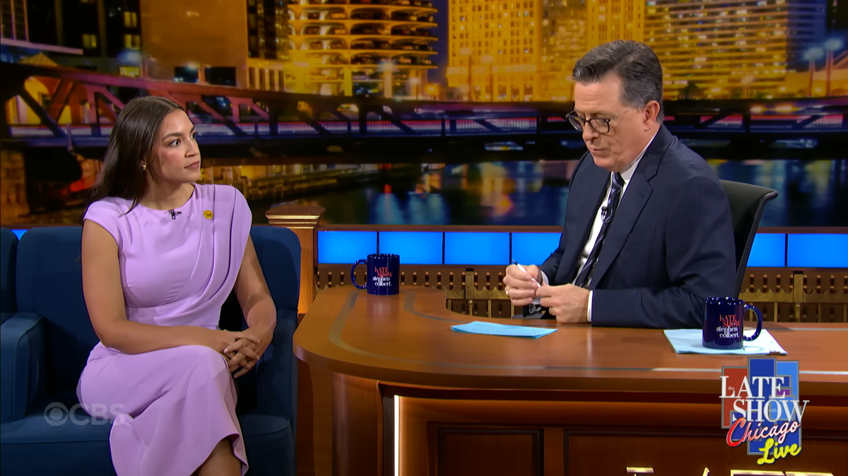 Alexandria Ocasio-Cortez with Stephen Colbert