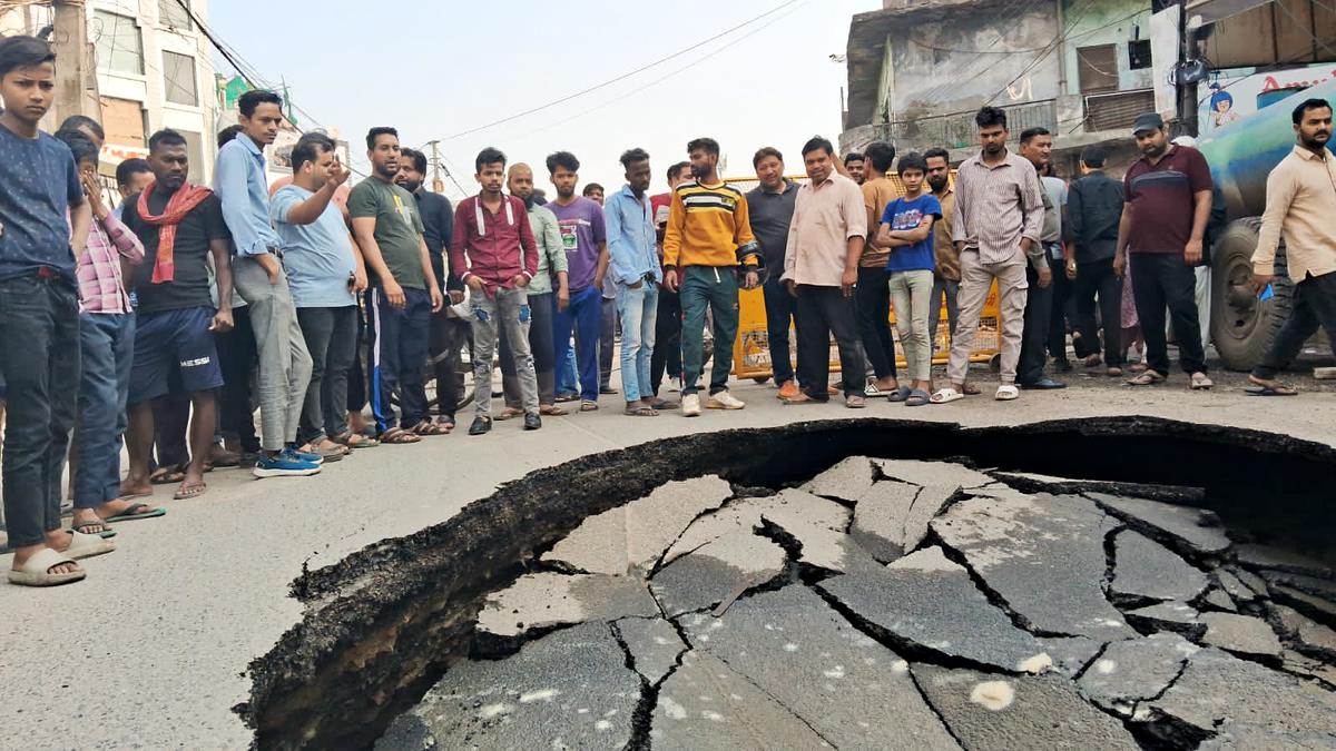 Road caves in at metro excavation site in south Delhi's Maidan Garhi