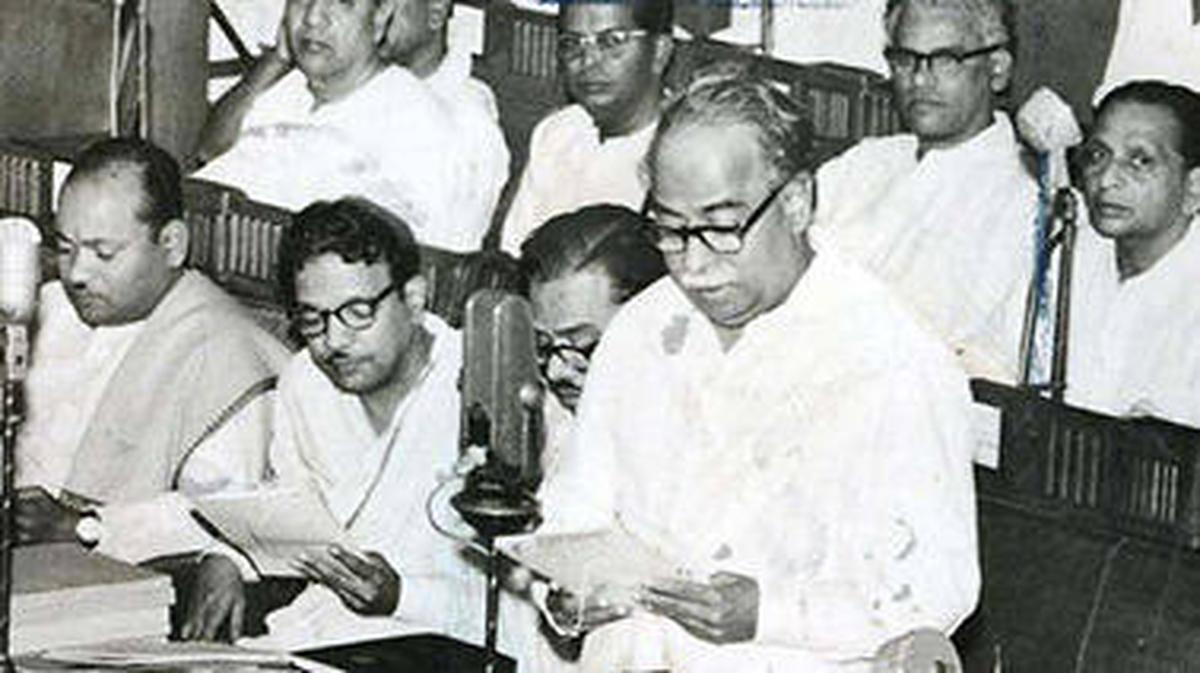 C.N. Annadurai presenting the Budget for the year 1968-69 on the floor of the Legislative Assembly on February 25, 1968 