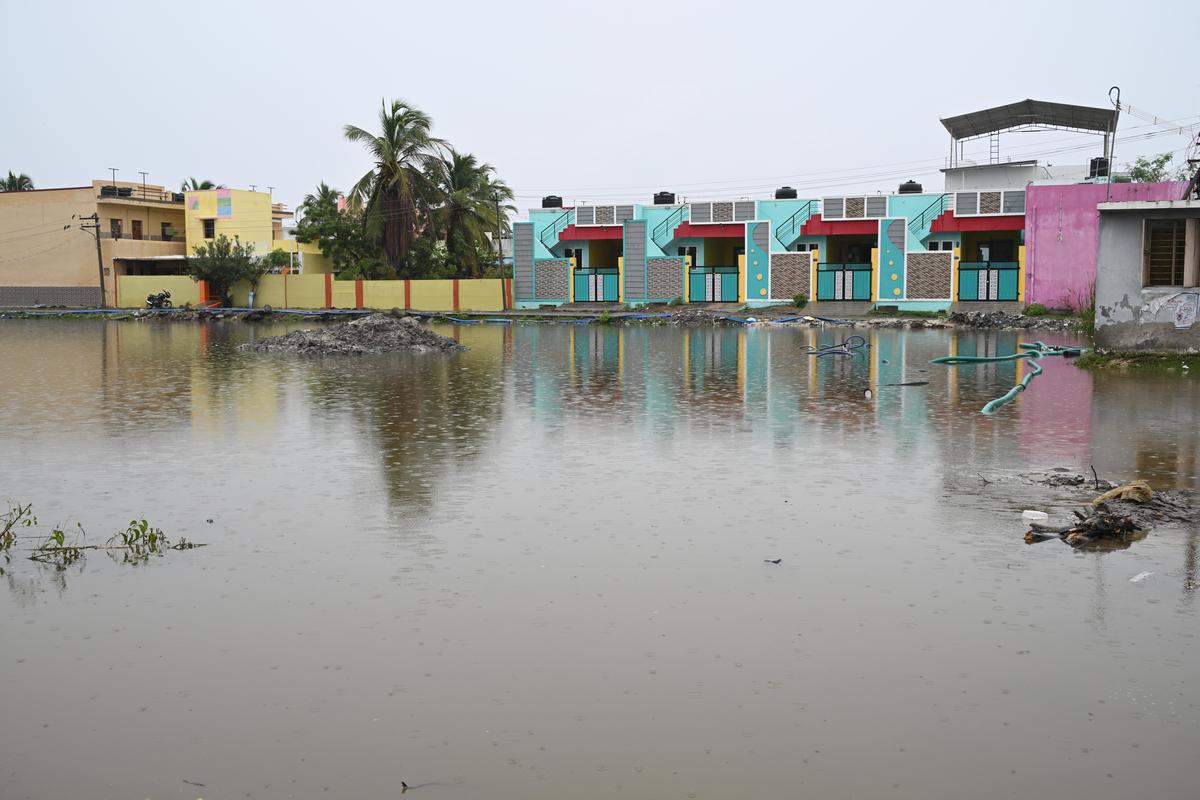 Rain water logging at Kokour in Thoothukudi on Tuesday for continuous rain lashes. 