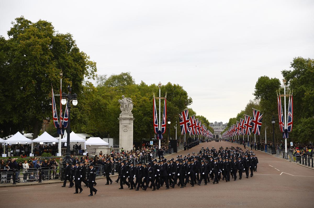 Police officers are seen on The Mall, on the day of the state funeral and burial of Britain’s Queen Elizabeth, in London, Britain, on September 19, 2022