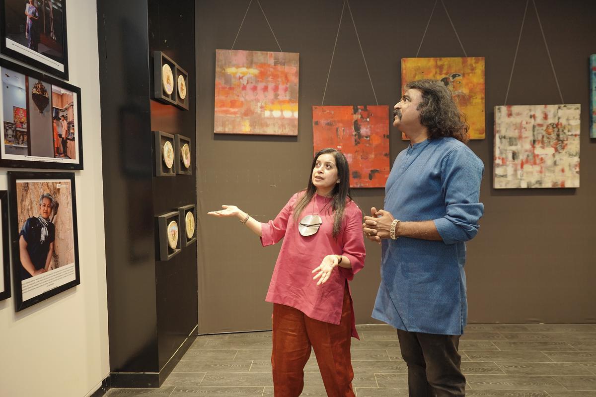 Curator Sumi Gupta with flautist Praveen Godkhindi at Transcending Boundaries