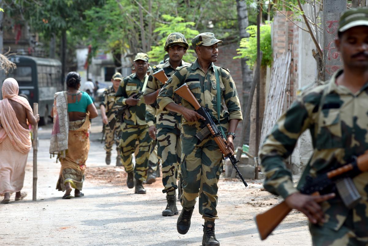 CRPF personnel in Betbona village in Dhulian municipality, Murshidabad. Betbona was among the worst-affected areas of the violence that broke out on April 11 and 12 in the district.