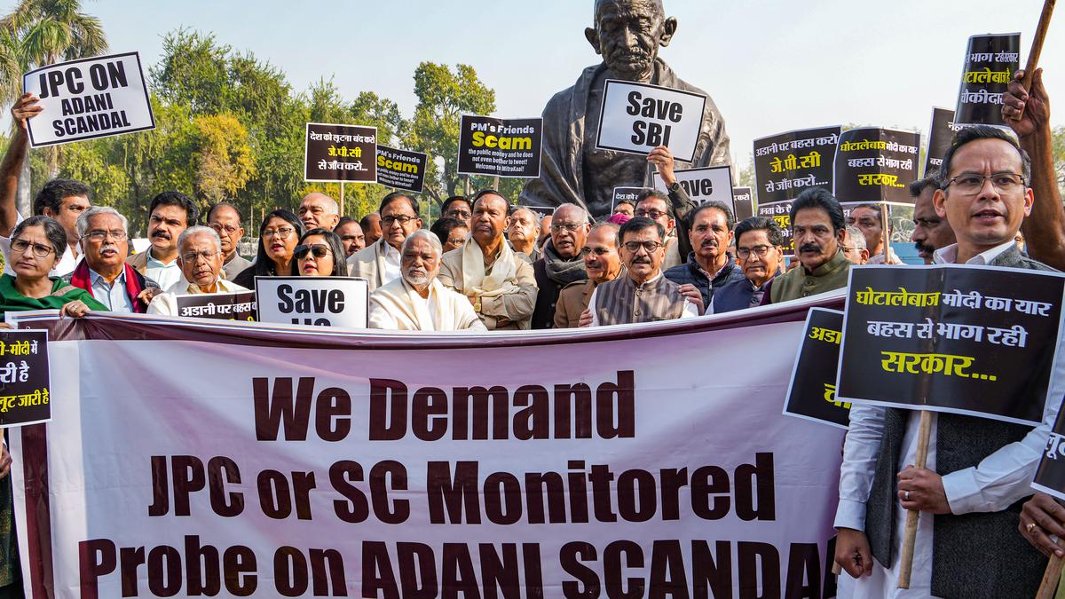 Opposition MPs protest in Parliament premises on Adani issue