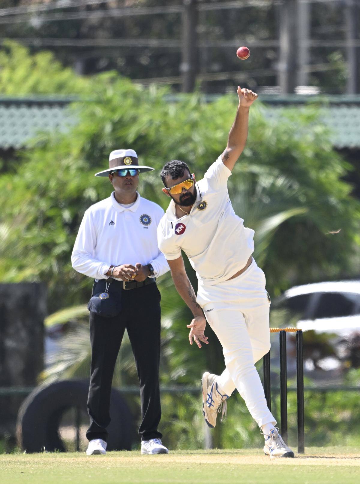 Kerala’s Aditya Sarwate in action during the Ranji Trophy match against Uttar Pradesh at the St. Xavier’s KCA Cricket ground in Thiruvananthapuram on Saturday, November 9, 2024.