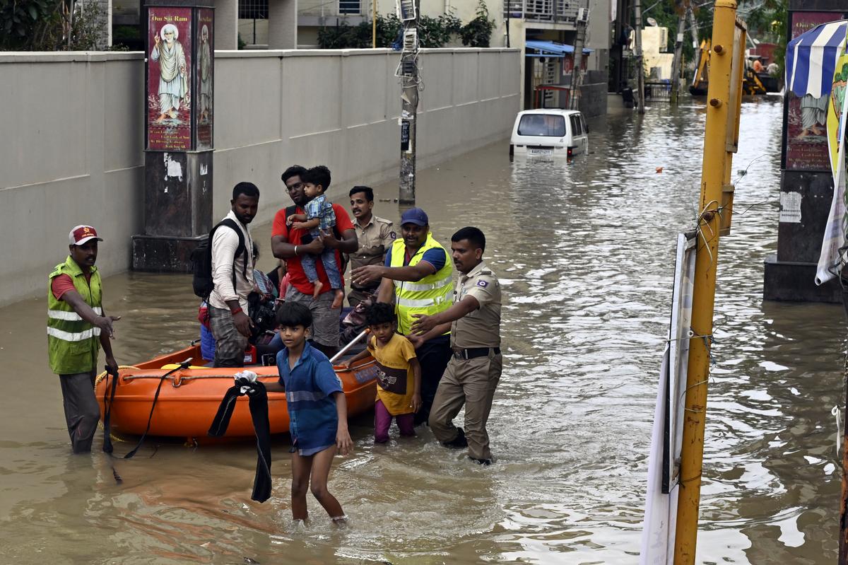 A boat being used to rescue people at the flooded Sri Sai Layout in Bengaluru on May 19, 2025. 