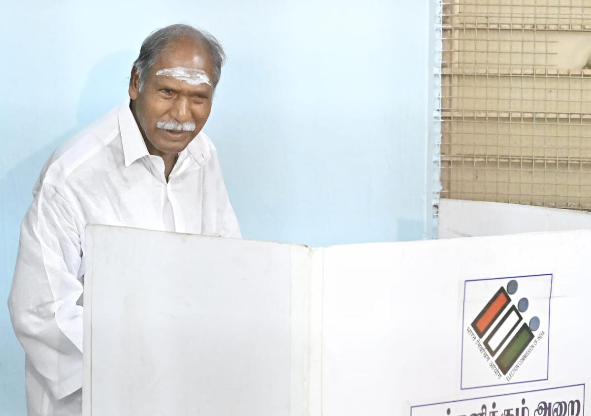 Puducherry Chief Minister and founder-leader of AINRC casting his vote at Thilaspet in Puducherry on Friday, April 19, 2024