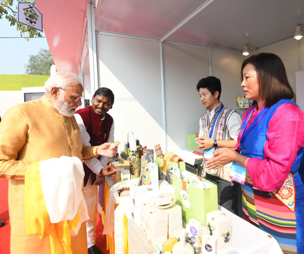 Prime Minister Narendra Modi with Union Minister of Tribal Affairs Arjun Munda during the inauguration of ‘Aadi Mahotsav’.