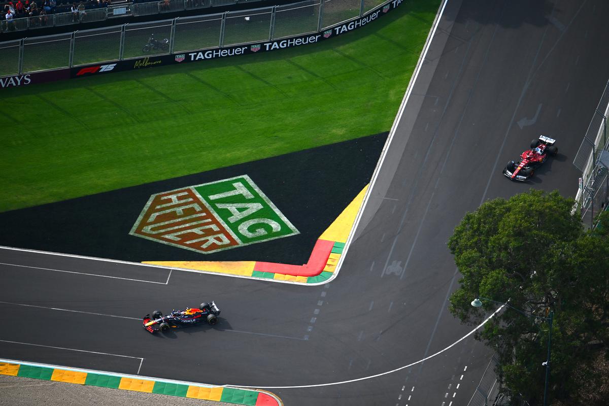 Max Verstappen of the Netherlands driving the (1) Oracle Red Bull Racing RB21 leads Charles Leclerc of Monaco driving the (16) Scuderia Ferrari SF-25 on track during practice ahead of the F1 Grand Prix of Australia at Albert Park Grand Prix Circuit on March 14, 2025 in Melbourne, Australia.