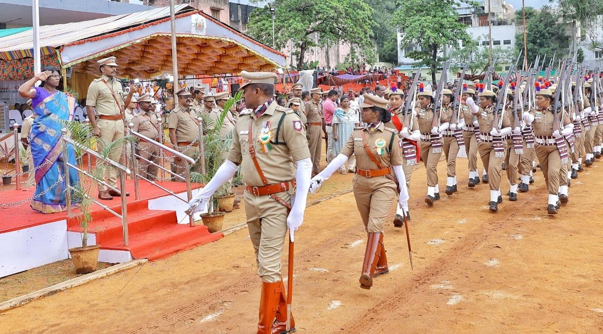 Kanniyakumari Collector R. Alagumeena receives the guard of honour during the Independence Day celebrations held on Friday.