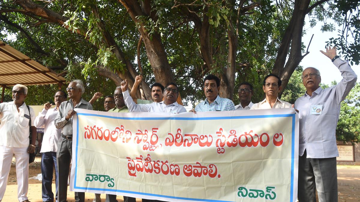 Apartment associations protest against handing over of sports stadiums and complexes to private agencies in Visakhapatnam