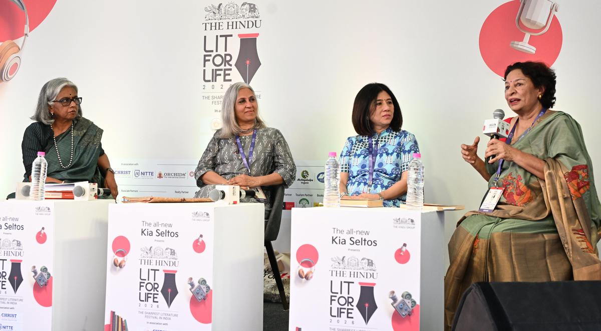Amrita Shah, Saras Manikam and Vijay Krishnamoorthy in conversation with Radha Hegde at The Hindu Lit for Life festival 2026 at The Sir Mutha Concert Hall, Chetpet in Chennai on Saturday, 17/01/2026