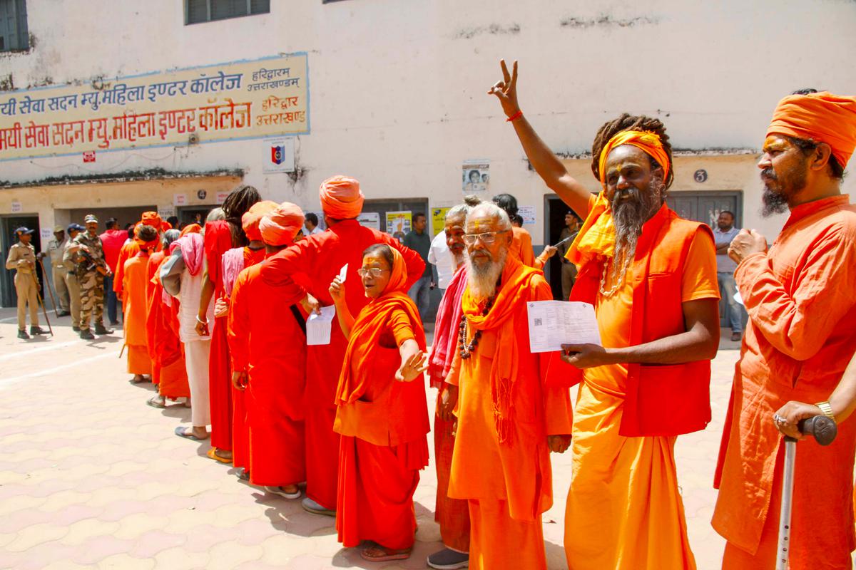 Seers queue up to vote in Haridwar on April 19, 2024.