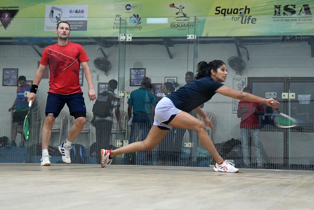Joshna Chinappa and Gregory Gaultier at the high performance camp organised by SRFI in Chennai on Thursday, 14/09/23.