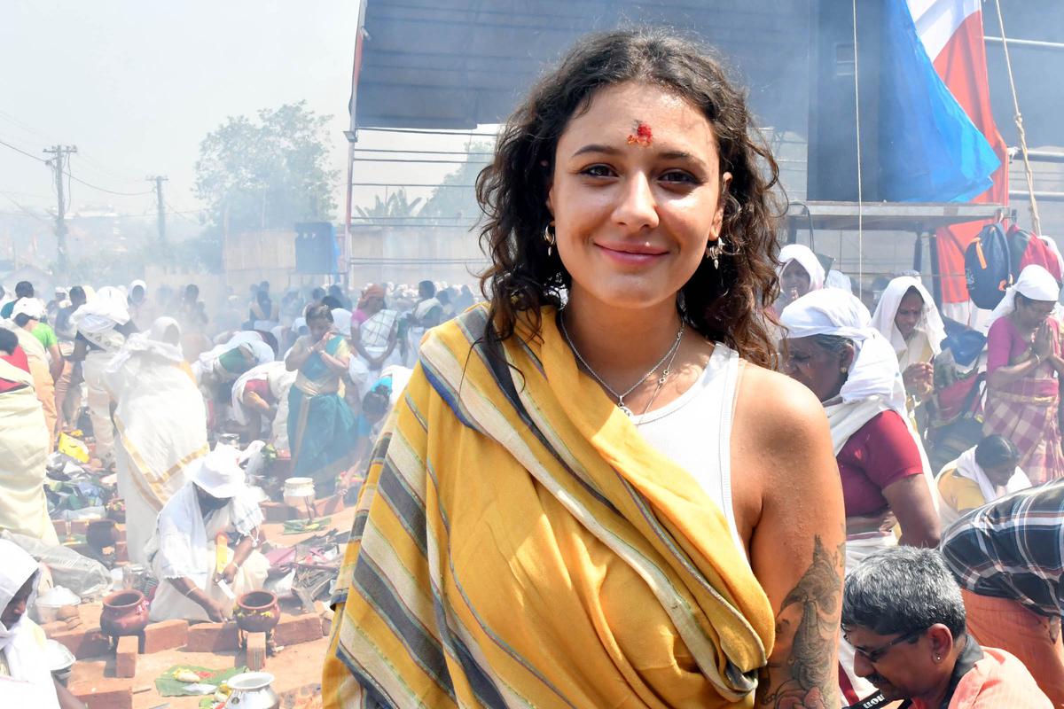 Janie Jones from London at the annual Attukal Pongala festival in Thiruvananthapuram on Tuesday.
 