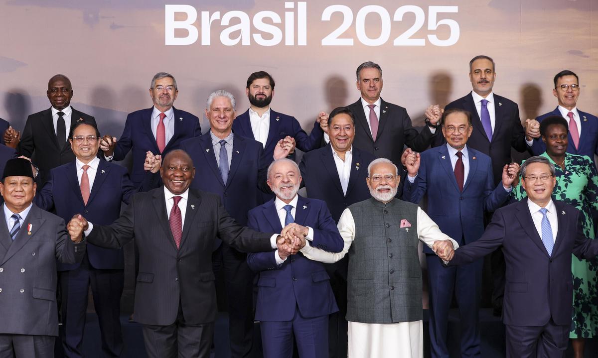 Mr. Modi addressed the BRICS Summit when in Brazil and said that India will prioritise issues of the Global South, during its presidency of the group in 2026. In this image via PMO on July 7, 2025, Mr. Modi, Brazil's President Luiz Inacio Lula da Silva and South Africa's President Cyril Ramaphosa during a group photograph with BRICS members, partners and outreach invitees at the BRICS Summit 2025, in Rio de Janeiro, Brazil.