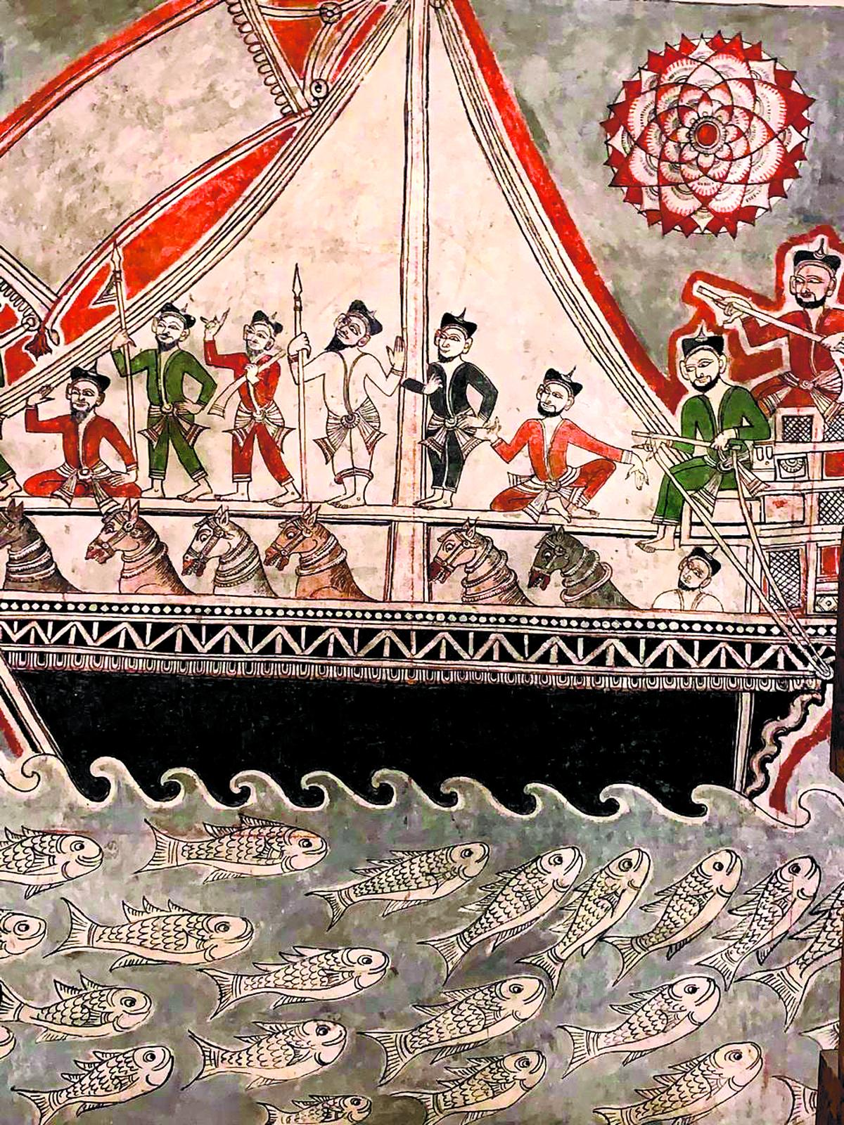 Painting shows Portuguese traders arriving in a ship with their horses to be sold to Vijayanagara rulers at Tiruppudaimarudur.