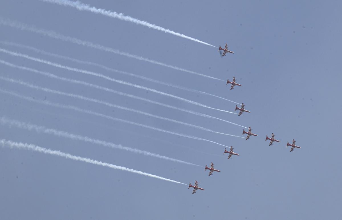 The Suryakiran Aerobatic Team of the Indian Air Force (IAF) display their performance at Wings India 2026 organised at Begumpet Airport in Hyderabad on Friday (January 30, 2026)