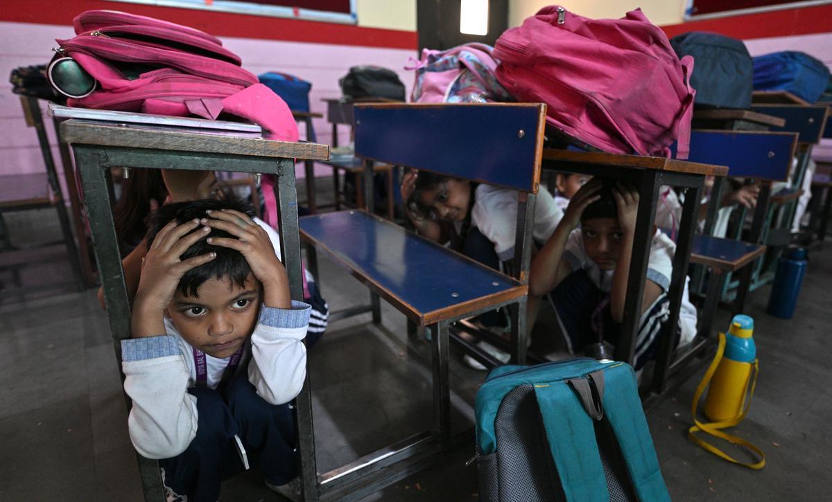 A mock drill was organised as a part of the nationwide civil defence exercise at a school in New Delhi.