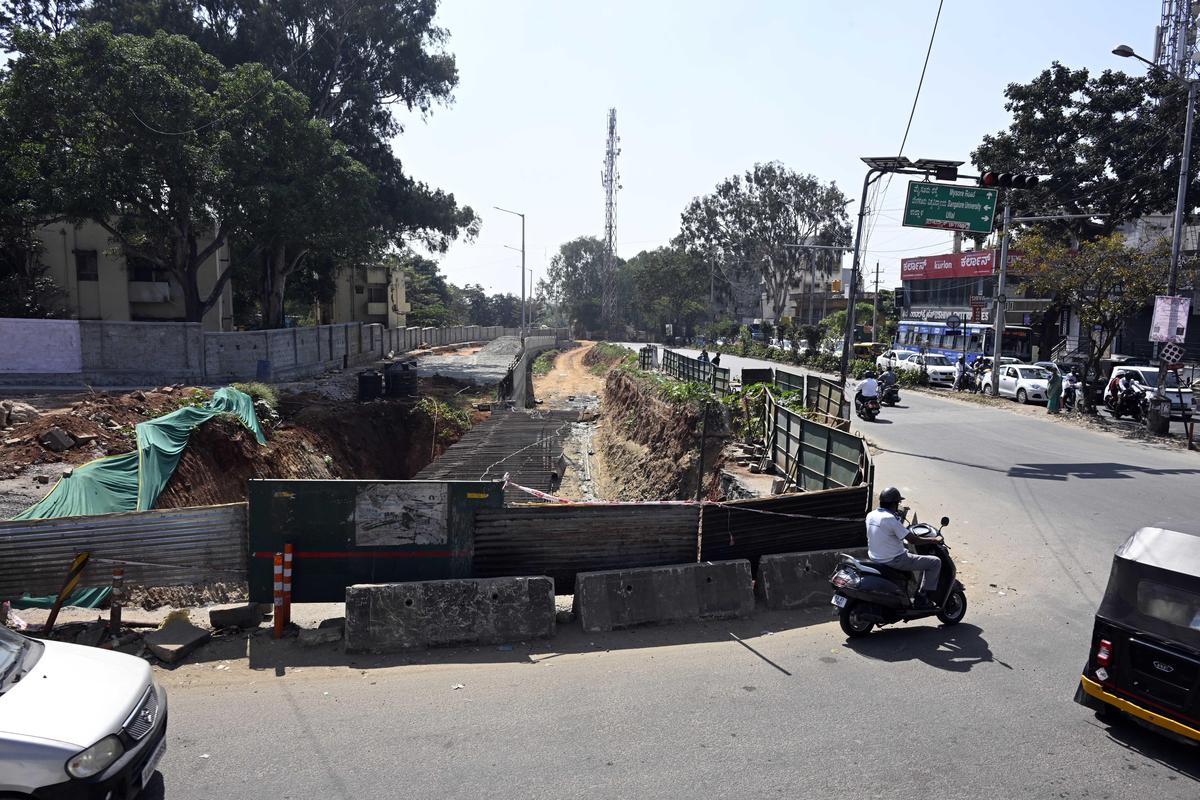 Flyover work at Mallatahalli in Bengaluru on Sunday, December 14, 2025. 