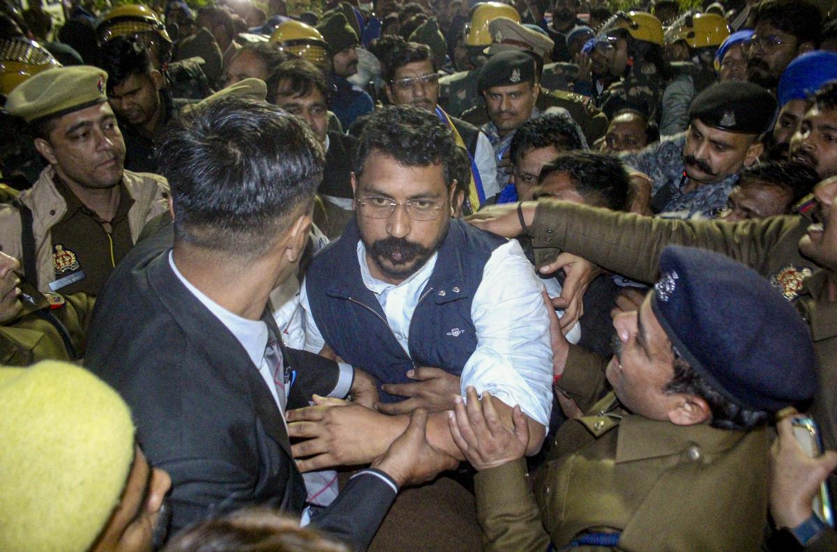 Aazad Samaj Party (Kanshi Ram) MP Chandrashekhar Azad was detained by police personnel during a protest after he was stopped by the police on his way to meet the family of the Meerut murder-kidnap victim at Kapsad village in Meerut district of Uttar Pradesh on Saturday, January 10, 2026.