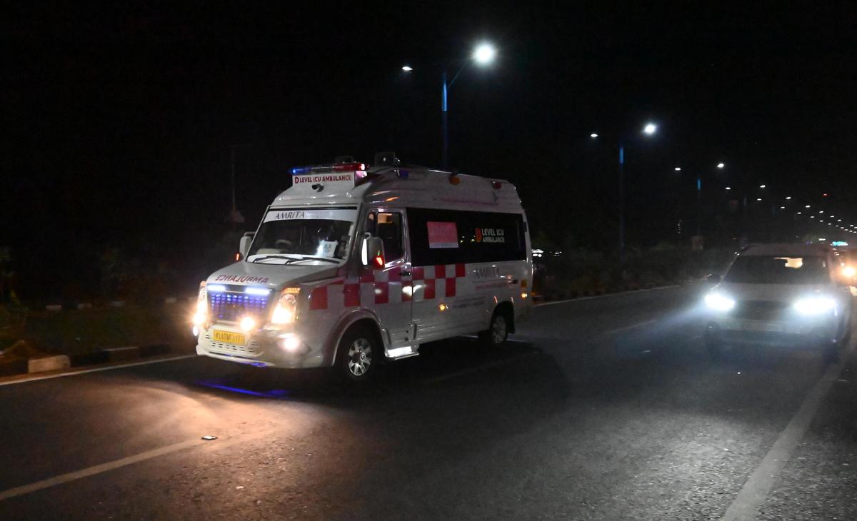 The ambulance transporting the organs of a 10-month-old baby from Kochi to Thiruvananthapuram passes through Kottayam town on Friday. 