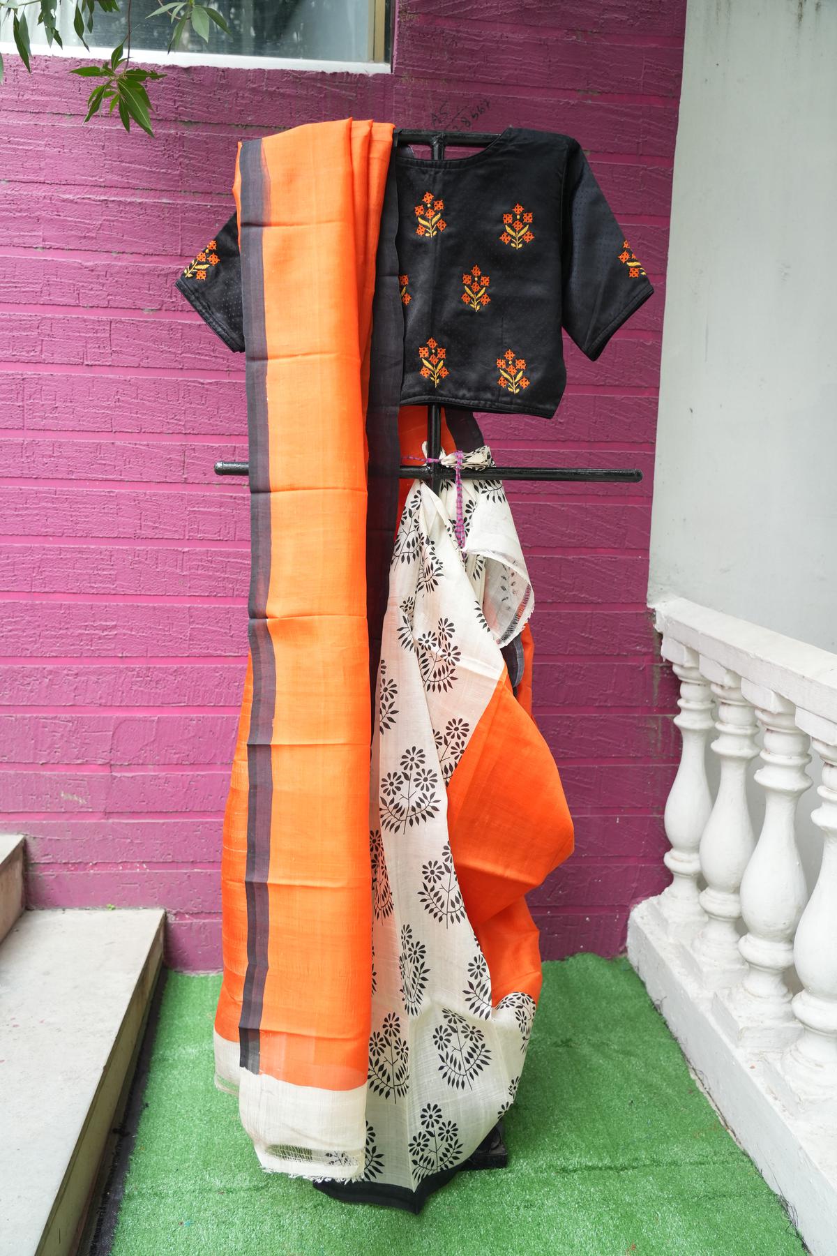 A block print sari with pops of colours by Anagha