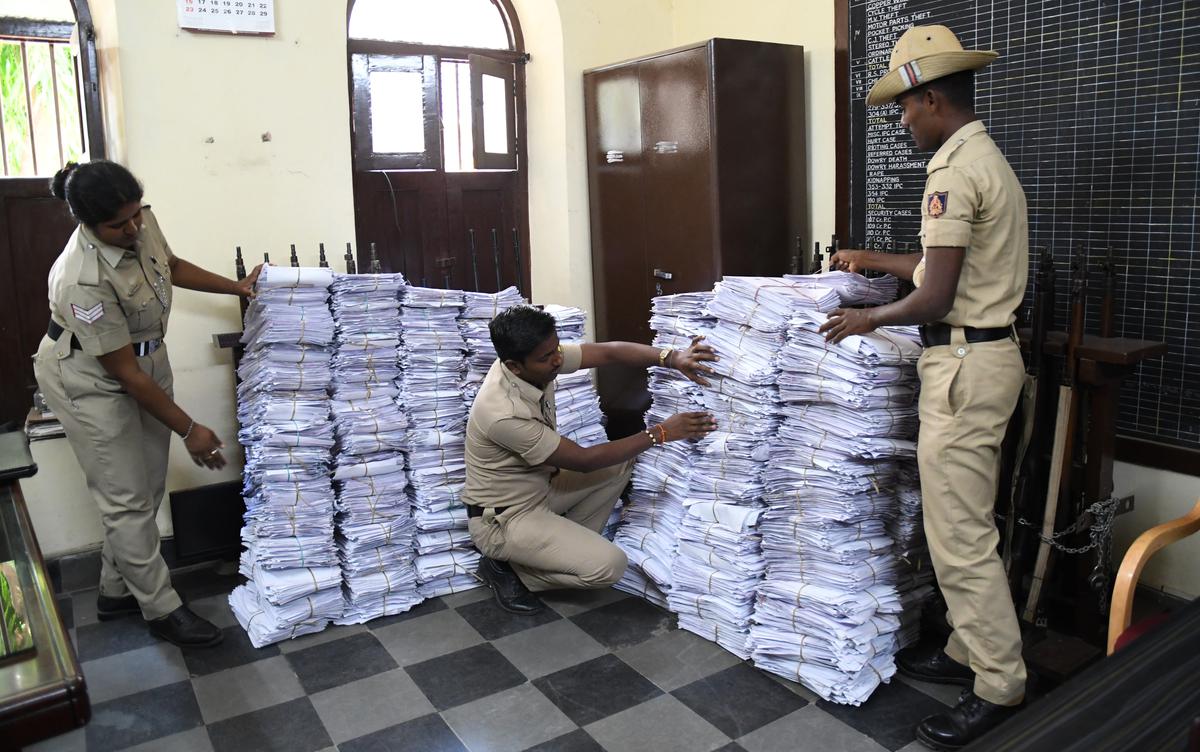 The stacks of complaints which were filed by investors who had been cheated by the IMA scam at the Commercial Street police station in Bengaluru in June 2019.